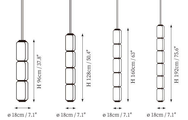 Dimension drawing of this Clérachic pendant in the 18 cm cylinder range, with heights of 96, 128, 160 and 192 cm marked.