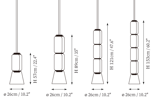 Dimension drawing of this Clérachic pendant in the 26 cm range with a cone, with heights from 57 to 153 cm marked.