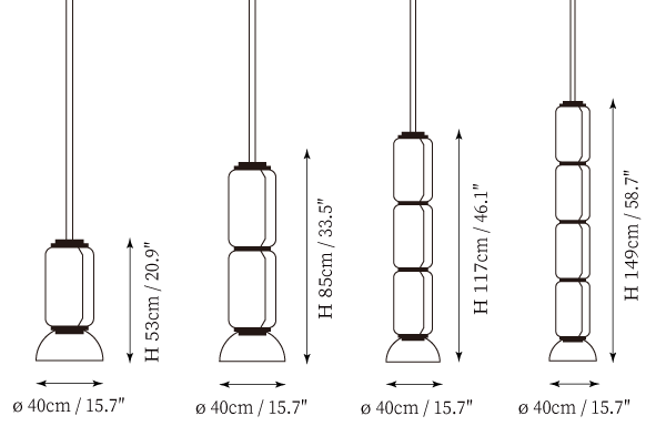 Dimension drawing of this Clérachic pendant in the 40 cm range with a dome, with heights from 53 to 149 cm marked.