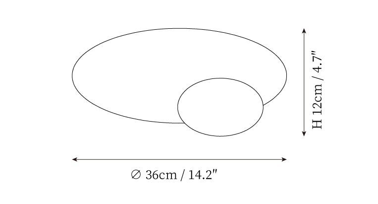 Dimension drawing of this Clérachic ceiling light, with its height and width marked for the smaller size.