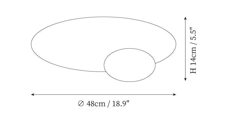 Dimension drawing of this Clérachic ceiling light, with its height and width marked for the larger size.