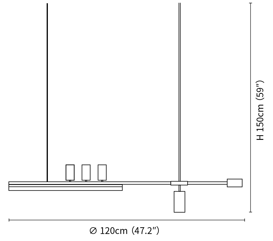 Dimension drawing of this Clérachic pendant, with its 150 cm height and 120 cm width marked.