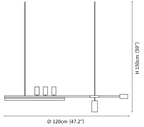 Dimension drawing of this Clérachic pendant, with its 150 cm height and 120 cm width marked.