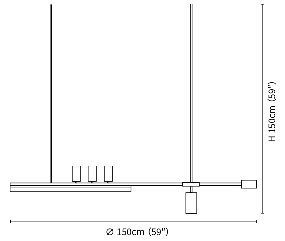 Dimension drawing of this Clérachic pendant in the larger size, with its 150 cm height and 150 cm width marked.