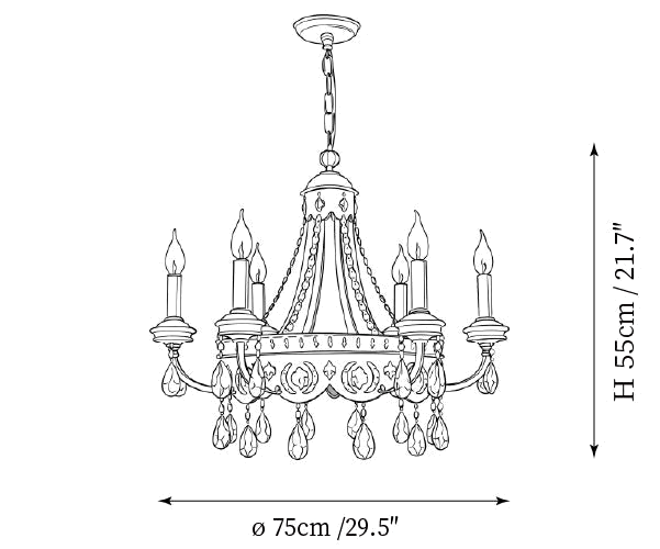 Dimension drawing of this Clérachic chandelier, with its 55 cm height and 75 cm diameter marked.