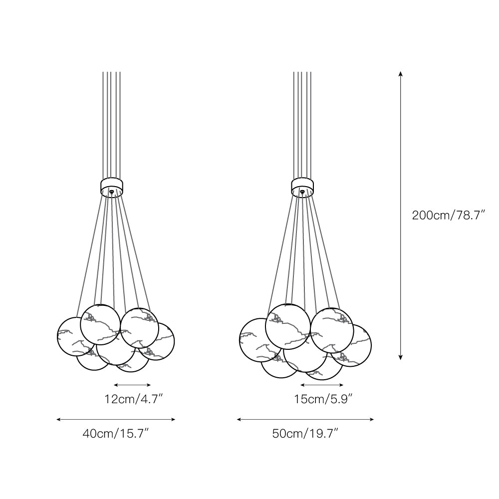 Clérachic dimension drawing for the Norduvyd: 200 cm / 78.7 in drop, 12 cm / 4.7 in and 15 cm / 5.9 in globes, 40 and 50 cm clusters.