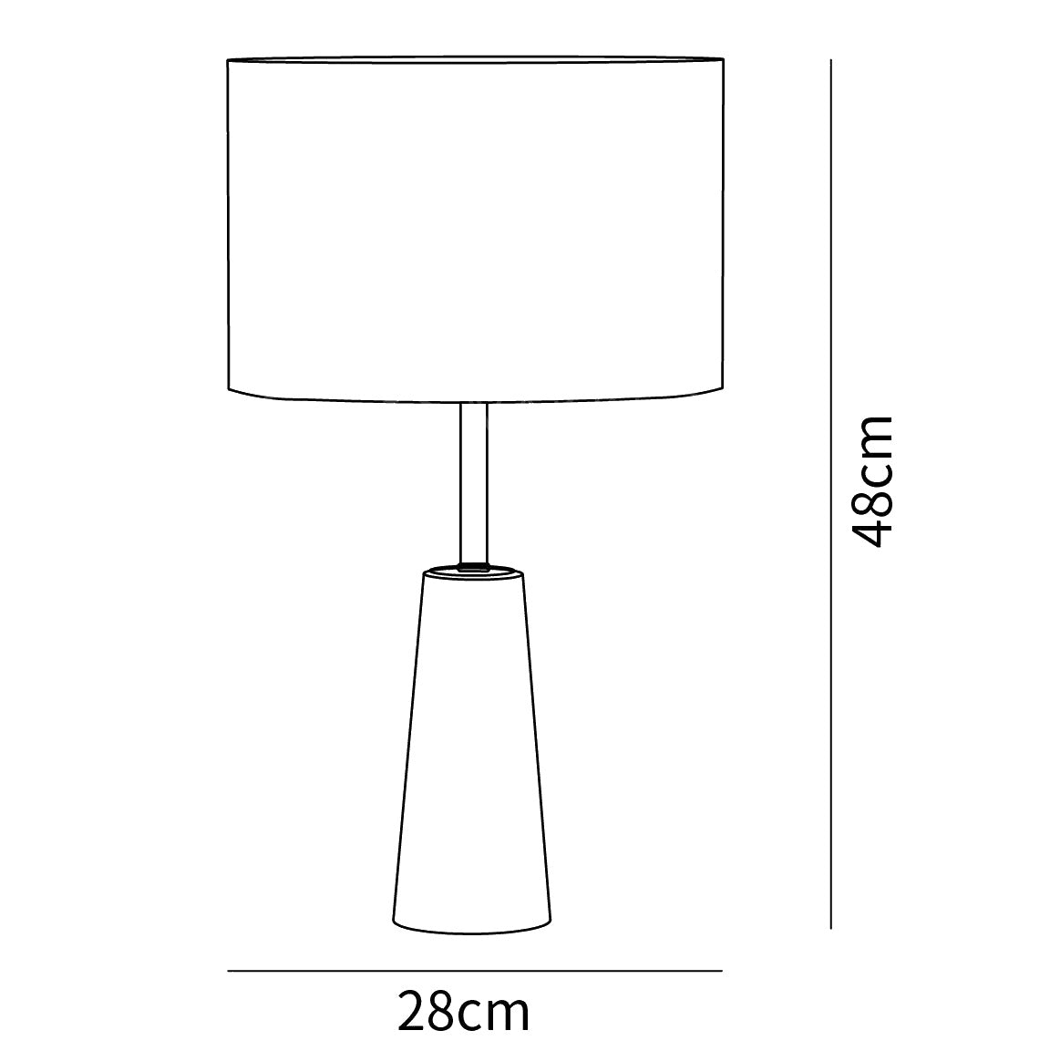Dimension drawing of the norrington table lamp, in outline against white.