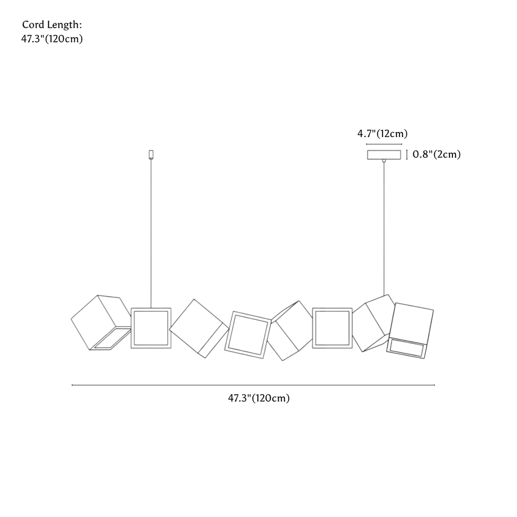 Clérachic pendant light dimension drawing, every measurement marked in centimetres and inches.