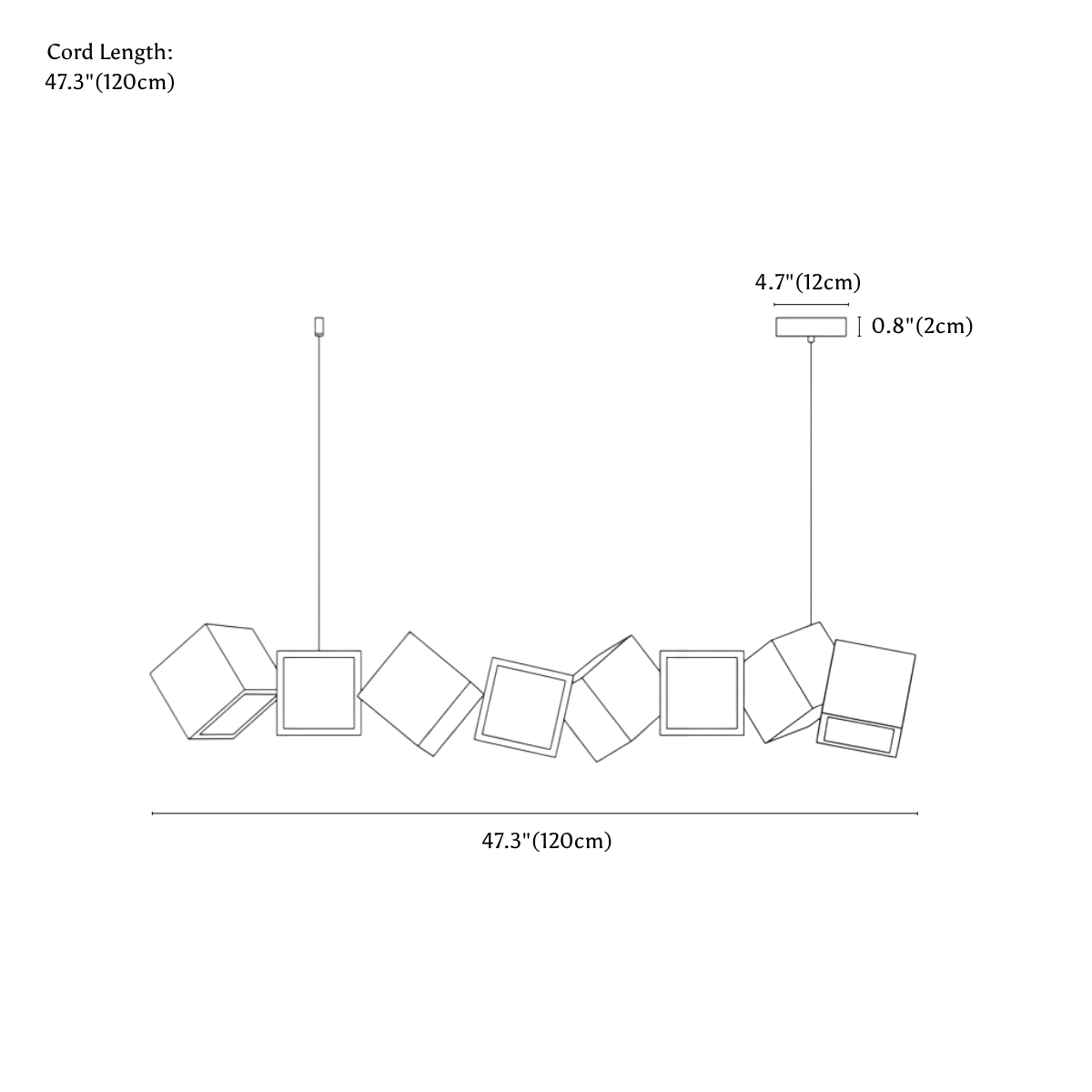 Clérachic pendant light dimension drawing, every measurement marked in centimetres and inches.
