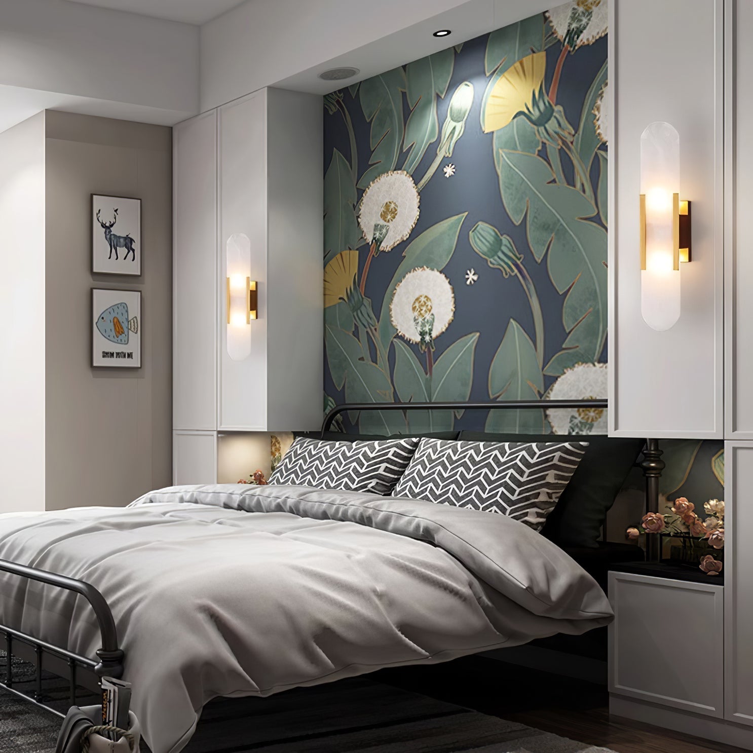 Clérachic sconces flanking a bed backed by botanical green wallpaper, grey linens turned down