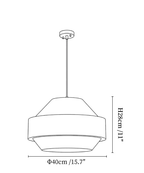 Clérachic pendant light dimension drawing, 1 of 3, every measurement marked in centimetres and inches.