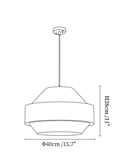 Clérachic pendant light dimension drawing, 1 of 3, every measurement marked in centimetres and inches.