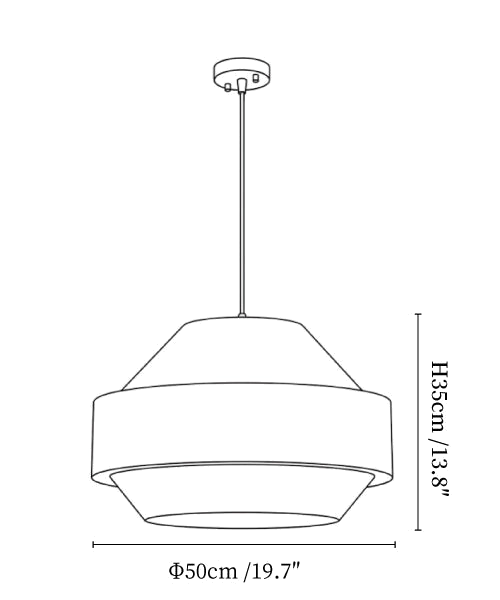 Clérachic pendant light dimension drawing, 2 of 3, every measurement marked in centimetres and inches.