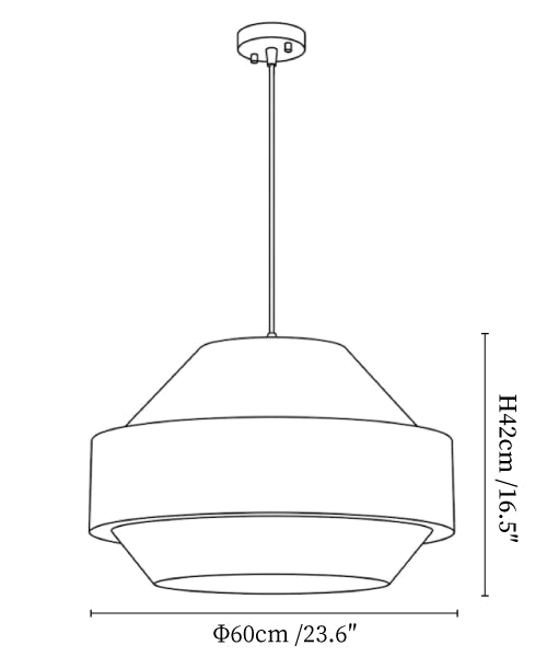 Clérachic pendant light dimension drawing, 3 of 3, every measurement marked in centimetres and inches.
