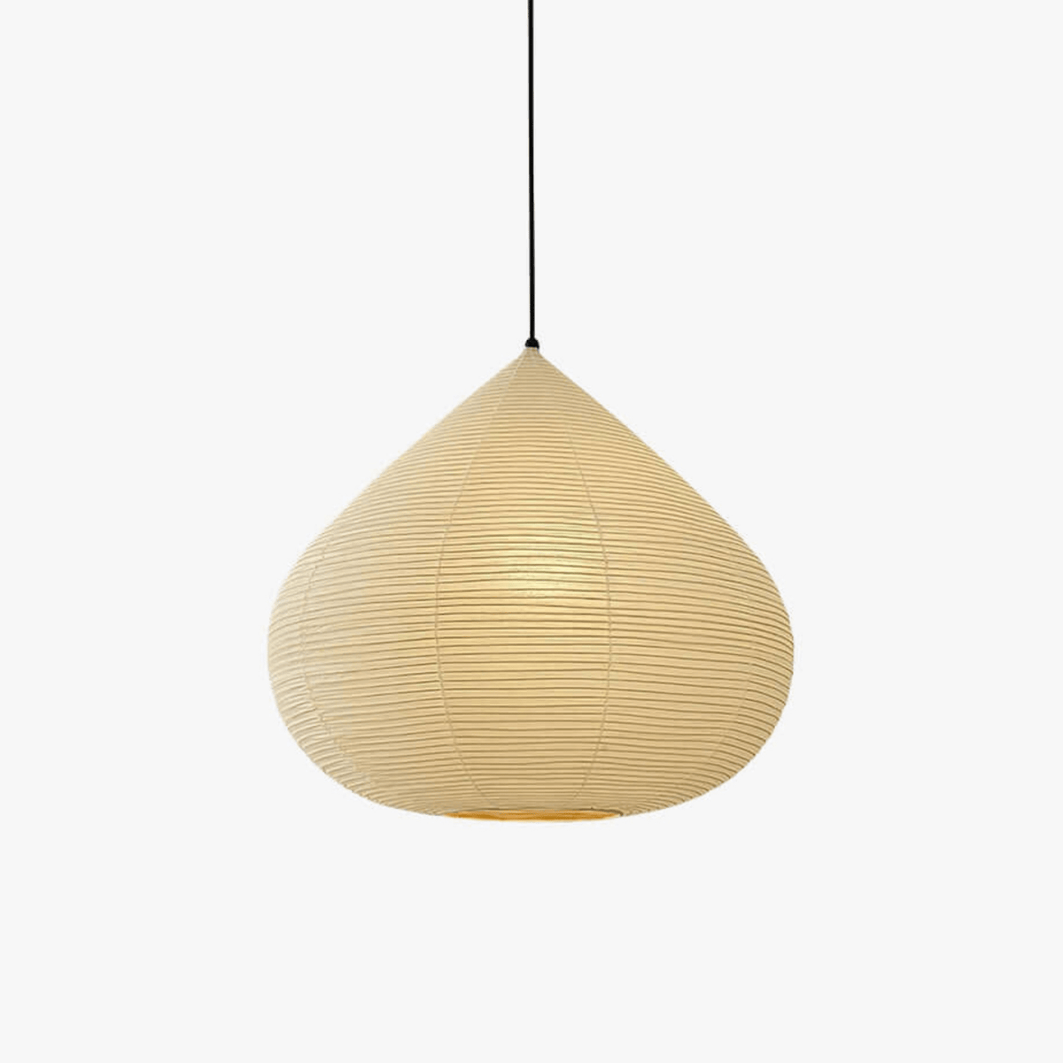 Clérachic onion-shaped paper pendant light in beige, its ribbed shade glowing warmly against a plain white studio background.