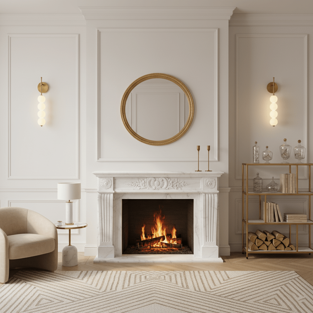 A pair of Clérachic wall lights lit either side of a round gold mirror above a white marble fireplace with a lit fire.