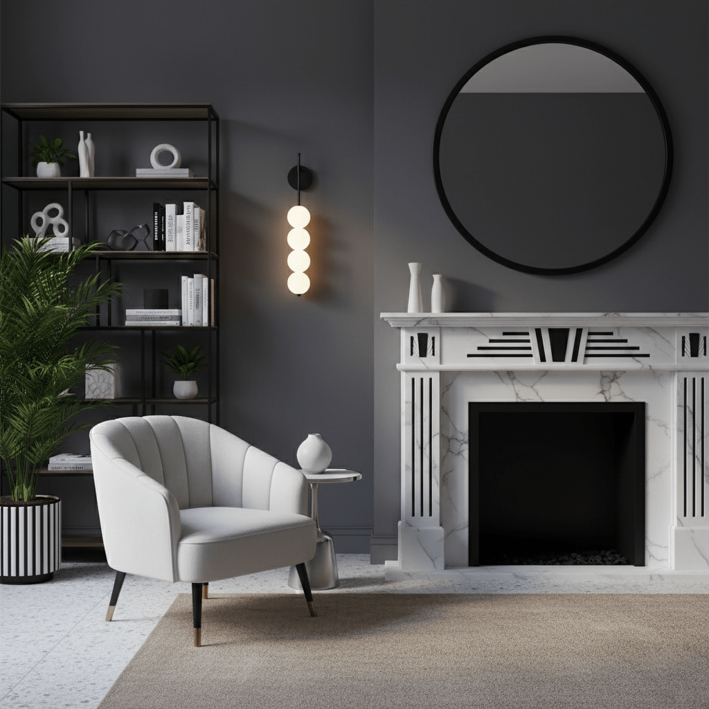 Black-finish Clérachic wall light lit beside a round black mirror in a grey room with a white marble fireplace and a pale armchair.