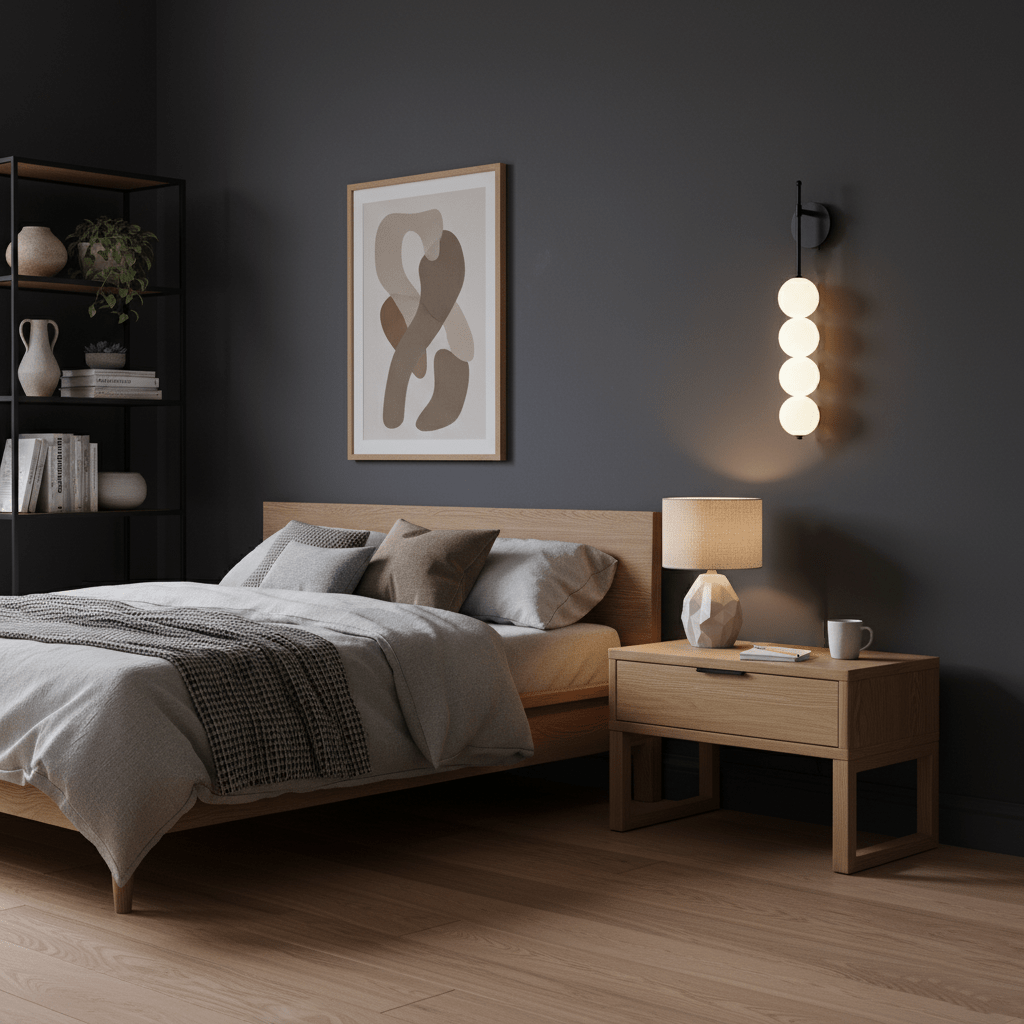 Black-finish Clérachic wall light glowing above a wooden bedside table, on a charcoal wall beside a bed with a grey throw.
