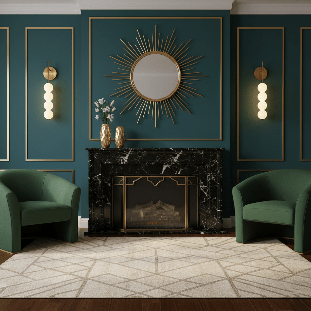 Gold Clérachic wall lights lit either side of a sunburst mirror on a deep green panelled wall, with two green armchairs below.