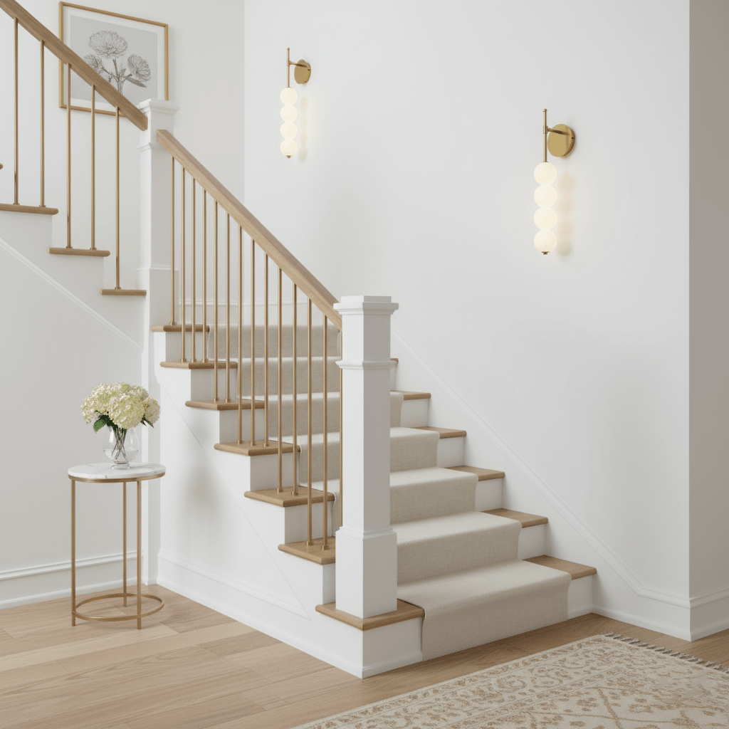 Gold Clérachic wall lights lit along a white staircase, with a gold side table and a small bunch of white flowers at the foot.