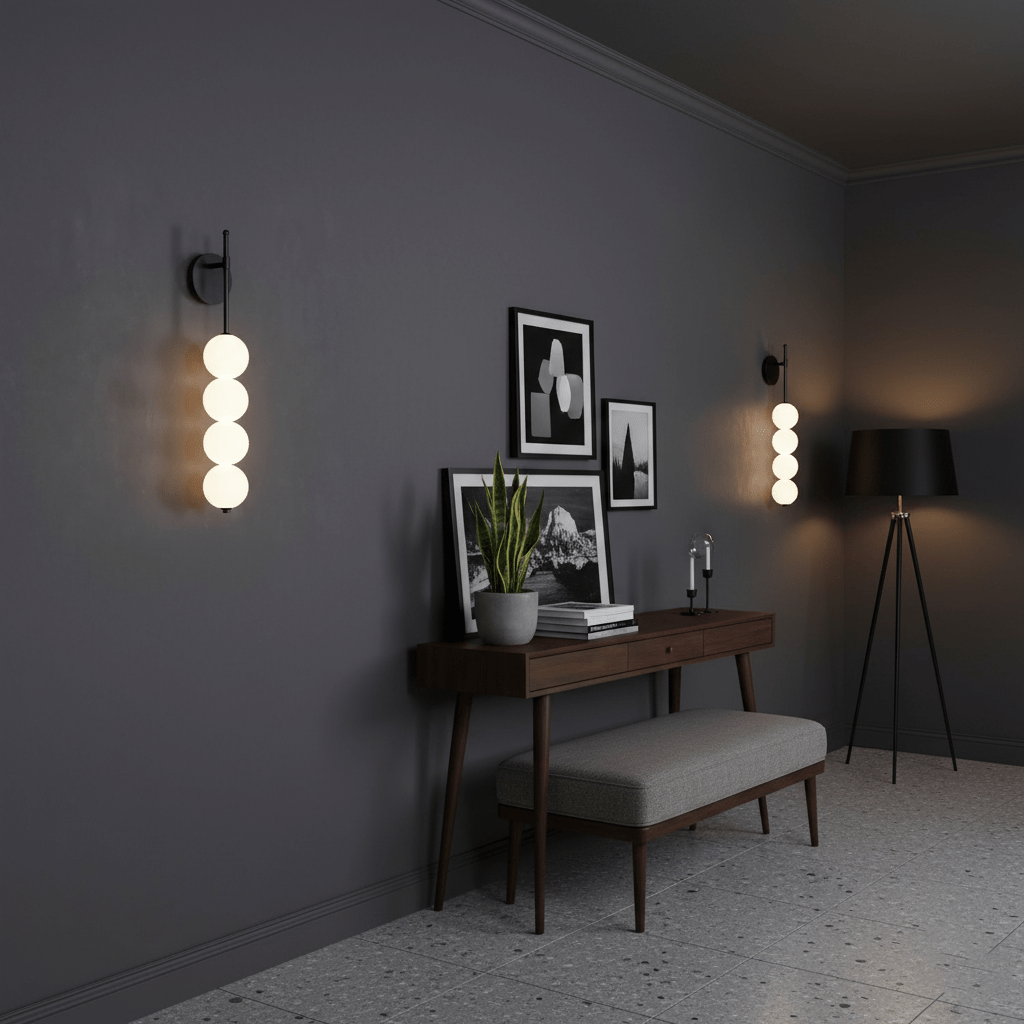Two black-finish Clérachic wall lights on a dark grey wall, one near a wooden console with framed prints and a bench, a floor lamp to the right.