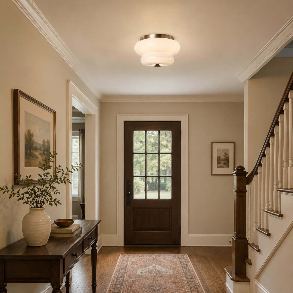 A Clérachic flush-mount light glows above a hallway with a dark wood front door, a console table and a staircase.