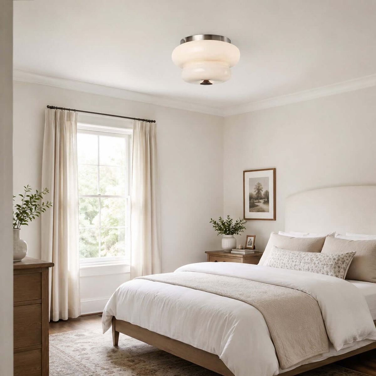 A Clérachic flush-mount light on the ceiling of a bedroom with a white bed, a tall window and linen curtains.
