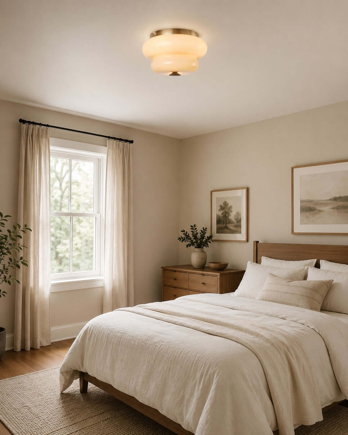 A Clérachic flush-mount light on the ceiling of a bedroom with a wooden dresser, a window and a framed print.