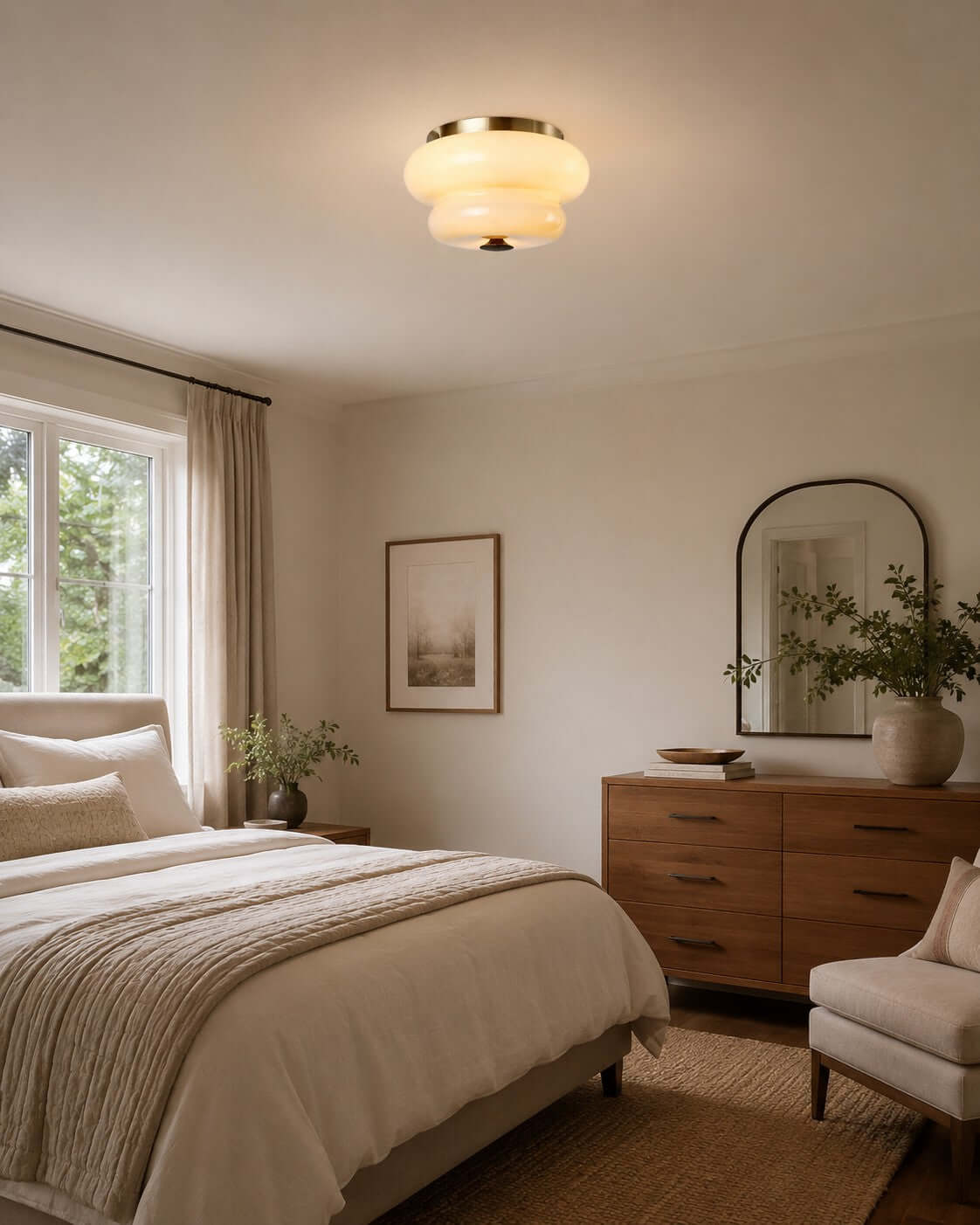 A Clérachic flush-mount light over a bedroom with an arched mirror, a wooden dresser and a cream armchair.