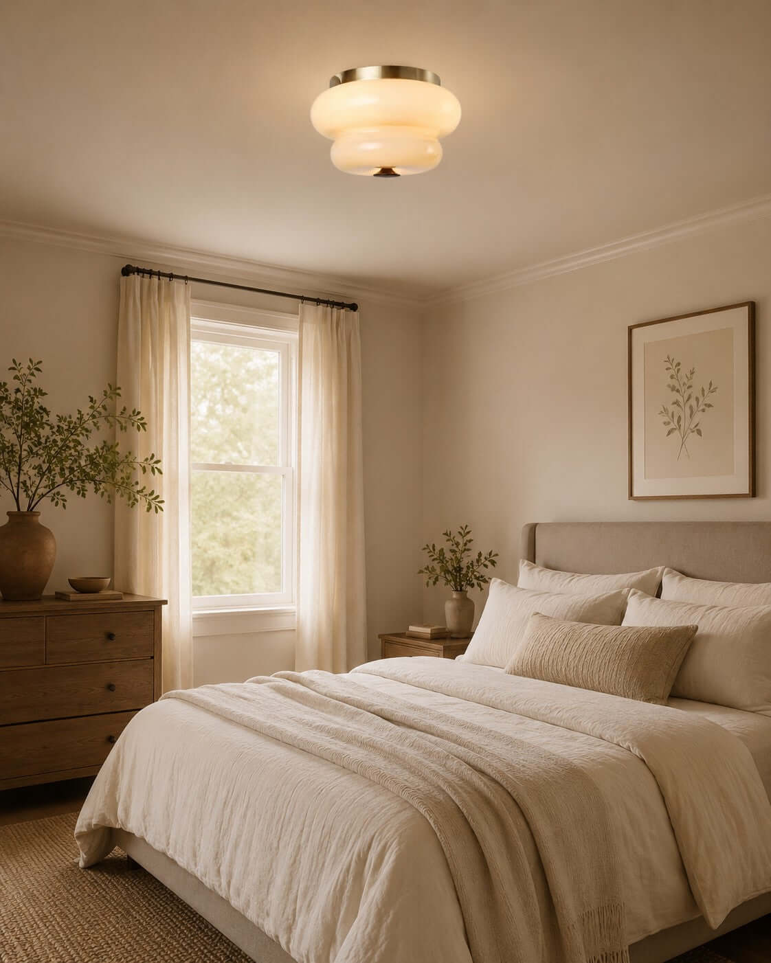 A Clérachic flush-mount light above a bedroom with a textured throw, a wooden dresser and a leafy plant by the window.