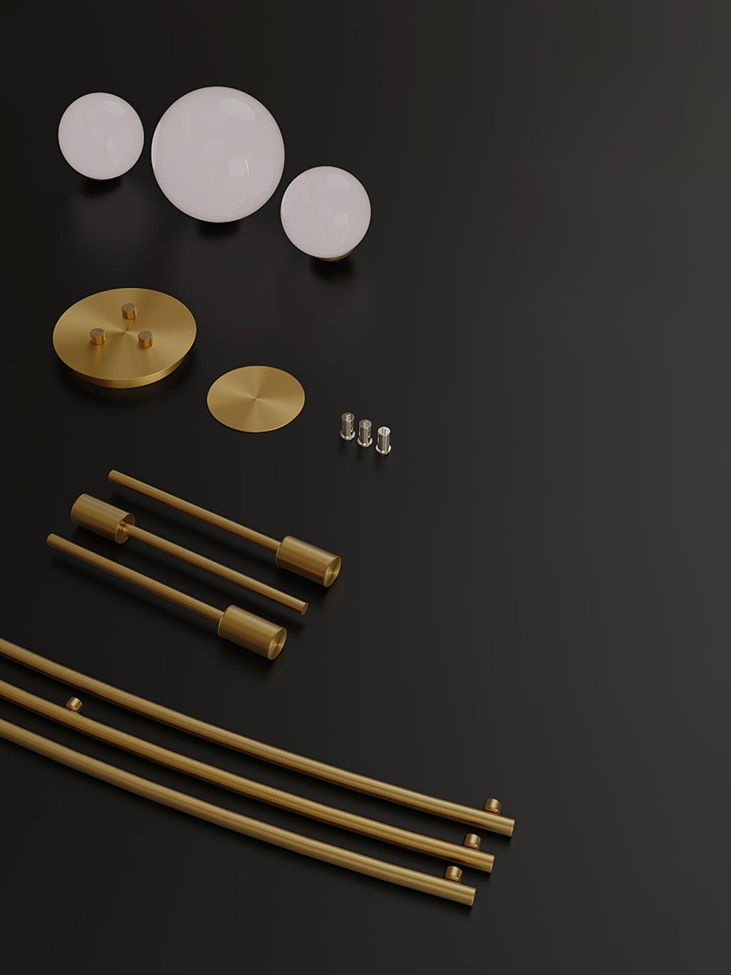 Parts of the Clérachic chandelier laid out on black, with opal globes, gold canopy plates, screws, short rods and long curved arms.