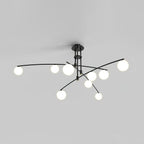 Black Clérachic chandelier with nine opal globes on curved arms, lit, shown on a plain grey backdrop.