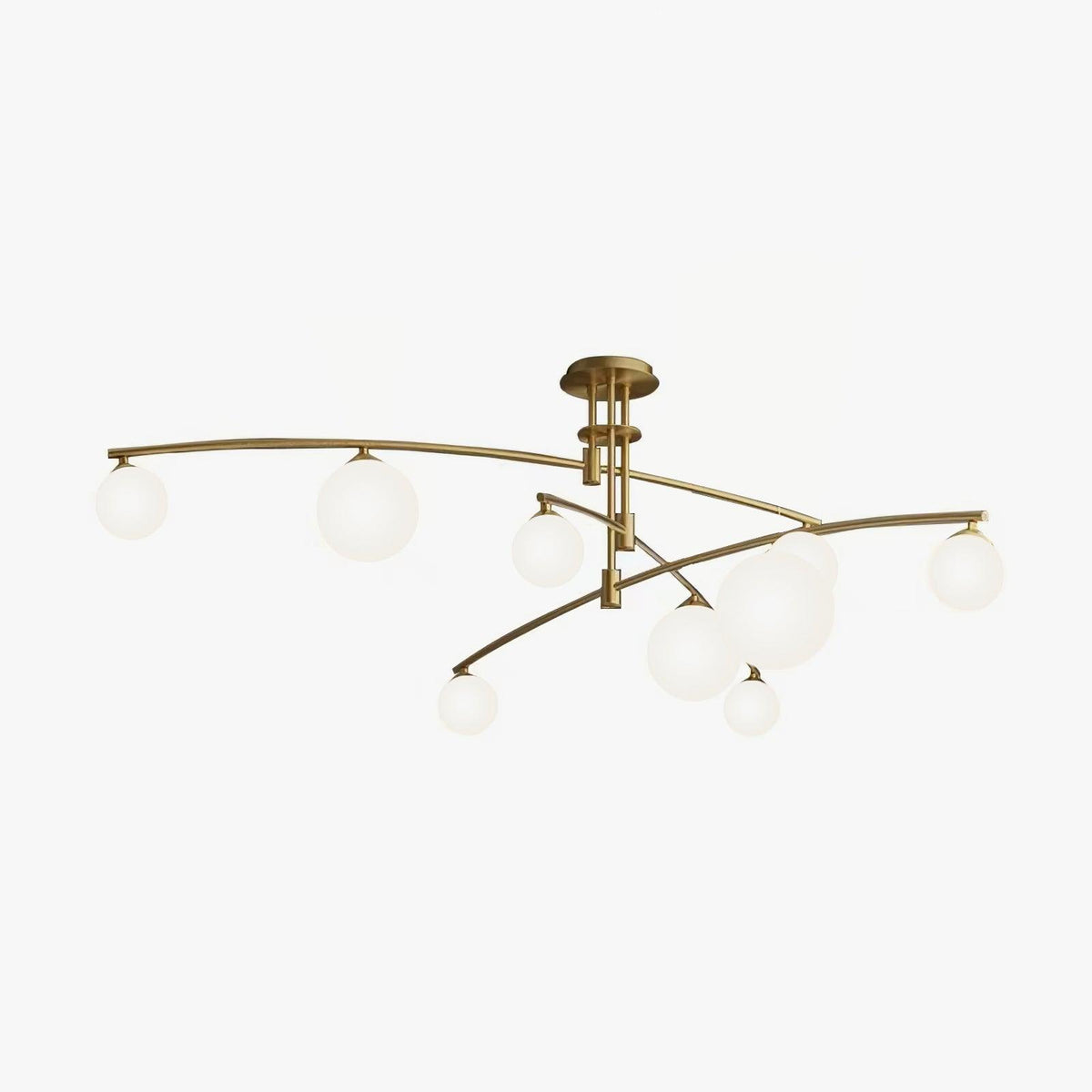 Gold Clérachic chandelier with frosted globes at the ends of long curved arms, shown from a low angle on a white backdrop.