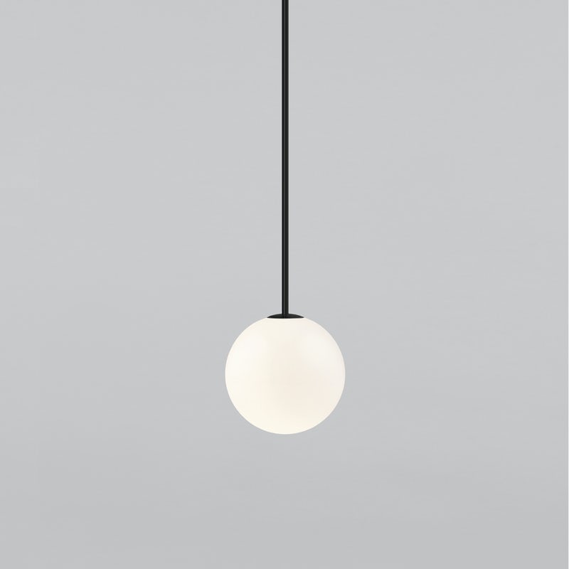 Medium opal sphere on a black rod, this Clérachic pendant shown on a light grey backdrop.
