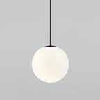 Large opal sphere on a black rod, this Clérachic pendant on a light grey backdrop.