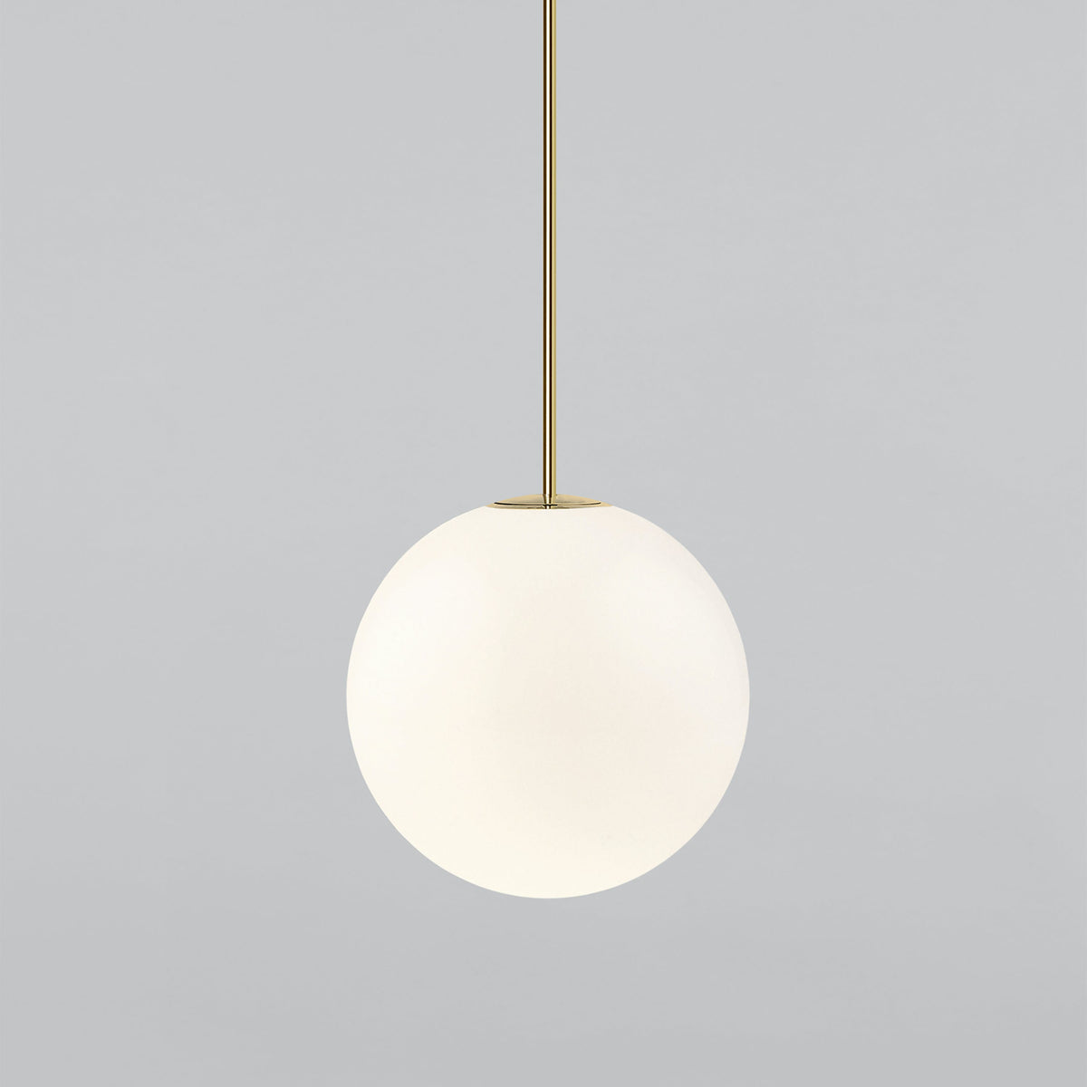 Medium-large opal sphere on a brass rod, this Clérachic pendant shown on a light grey backdrop.