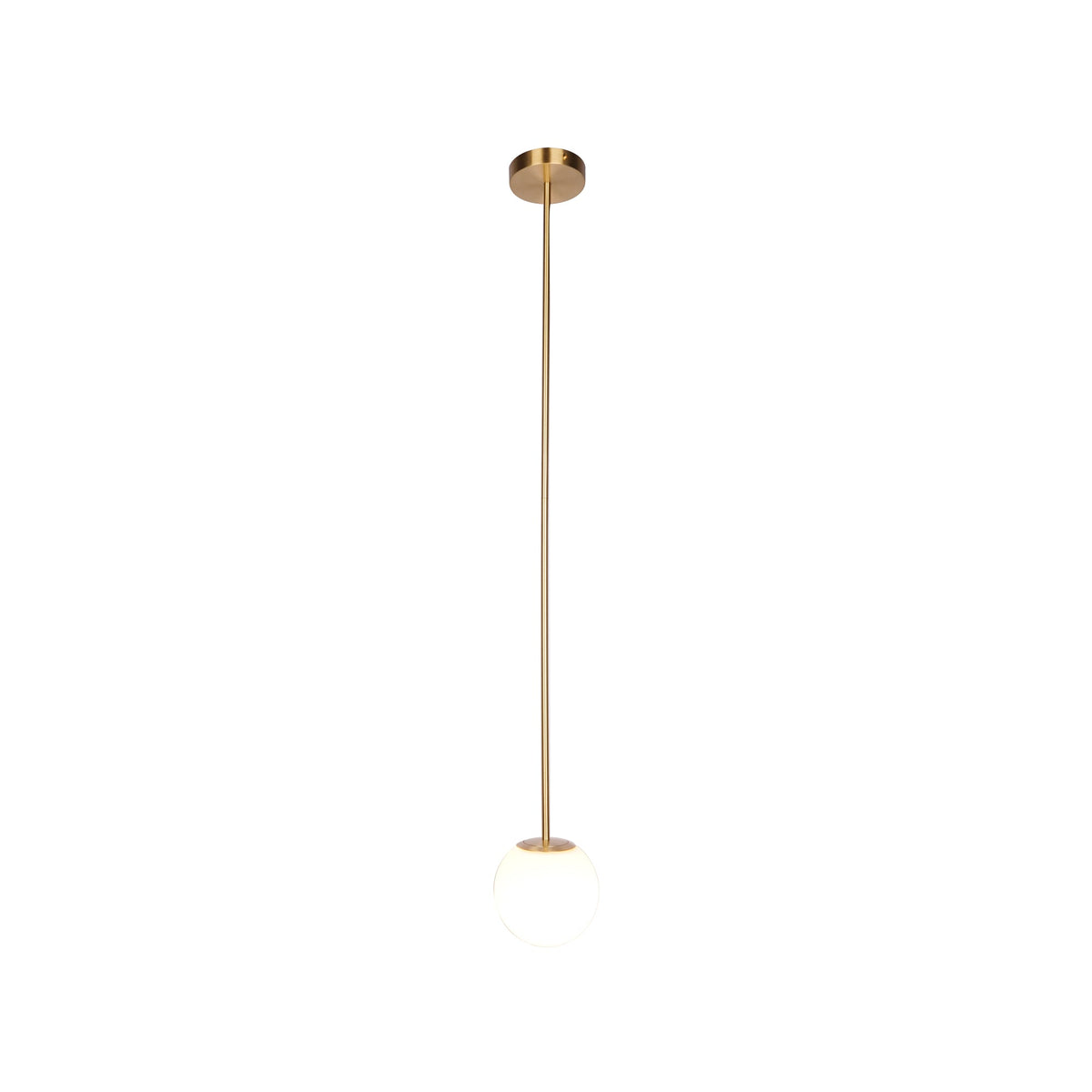 Opal sphere on a very long brass rod with a ceiling plate, this Clérachic pendant on a white backdrop.