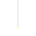 Lit opal sphere hanging from a very long brass rod, this Clérachic pendant on a white backdrop.