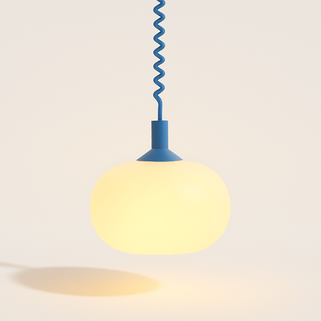 Close view of a Clérachic pendant with a softly glowing opal glass shade on a steel blue coiled spring cable.
