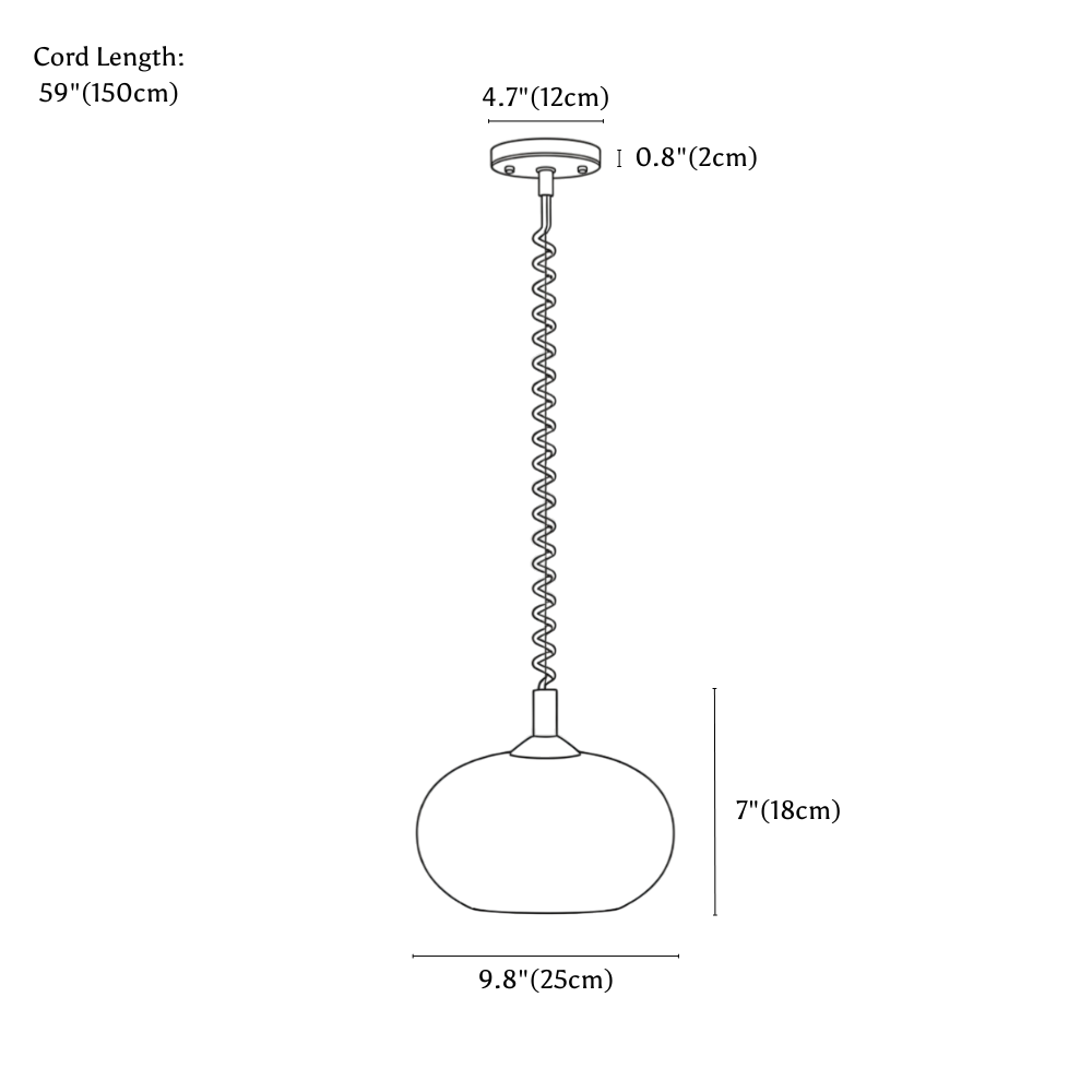 Clérachic pendant light dimension drawing, every measurement marked in centimetres and inches.