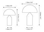 Clérachic table lamp dimension drawing, every measurement marked in centimetres and inches.