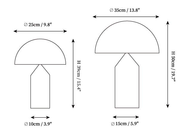 Clérachic table lamp dimension drawing, every measurement marked in centimetres and inches.
