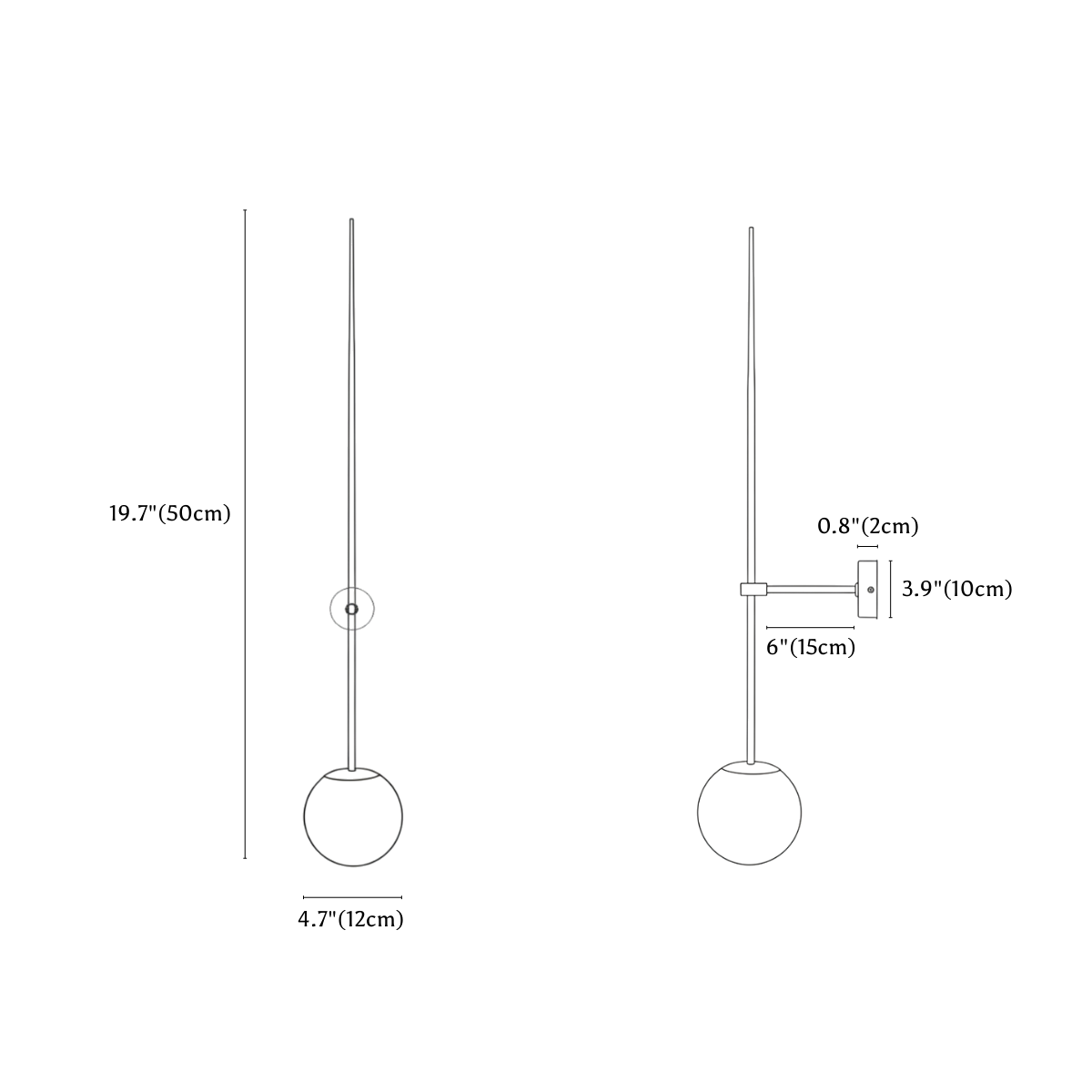 Clérachic wall light dimension drawing, 50 cm, every measurement marked in centimetres and inches.