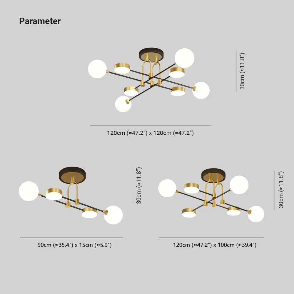 Dimension drawing for the Clérachic Opal Globe Ceiling Light: 90x15, 120x100, 120x120 cm layouts (35.4x5.9, 47.2x39.4, 47.2x47.2″), 30 cm (11.8″) drop.