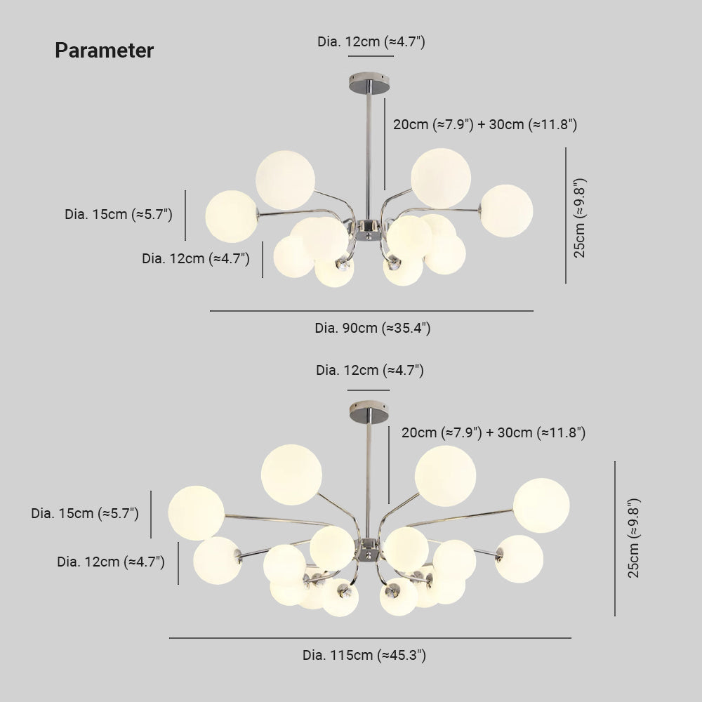 Dimension drawing for the Clérachic sputnik chandelier showing two sizes: 90 cm / 35.4 in (12-light) and 115 cm / 45.3 in (16-light) diameter.