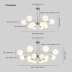 Dimension drawing for the Clérachic sputnik chandelier showing two sizes: 90 cm / 35.4 in (12-light) and 115 cm / 45.3 in (16-light) diameter.