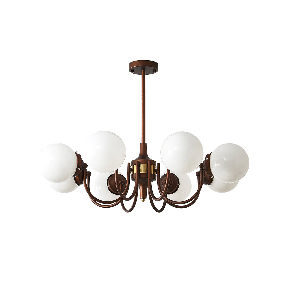 Cut-out view of this Clérachic chandelier with eight white glass globes and antique bronze arms on a plain white backdrop.