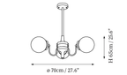 Dimension drawing of this three-light Clérachic chandelier, with its 65 cm height and 70 cm width marked.