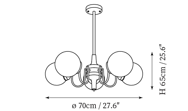 Dimension drawing of this five-light Clérachic chandelier, with its 65 cm height and 70 cm width marked.