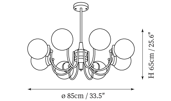 Dimension drawing of this eight-light Clérachic chandelier, with its 65 cm height and 85 cm width marked.